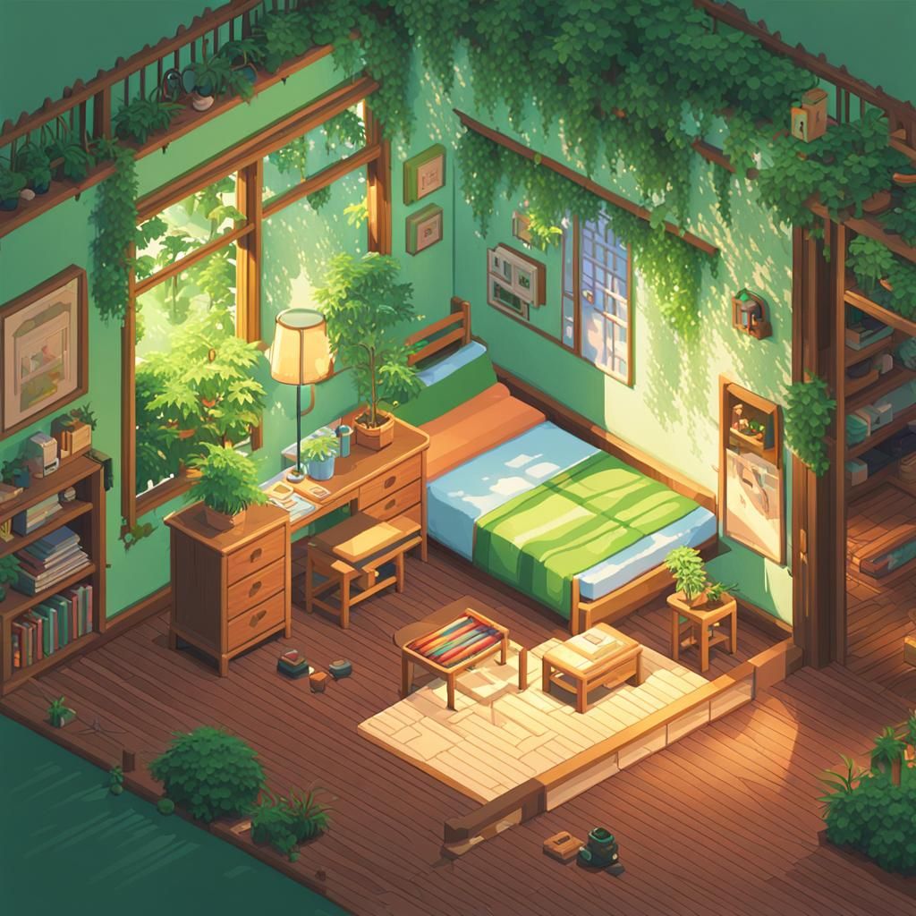Isometric Pixel Art Room Inspired by Studio Ghibli