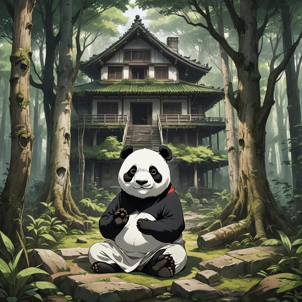 Meditating Panda at Abandoned House, Anime Style