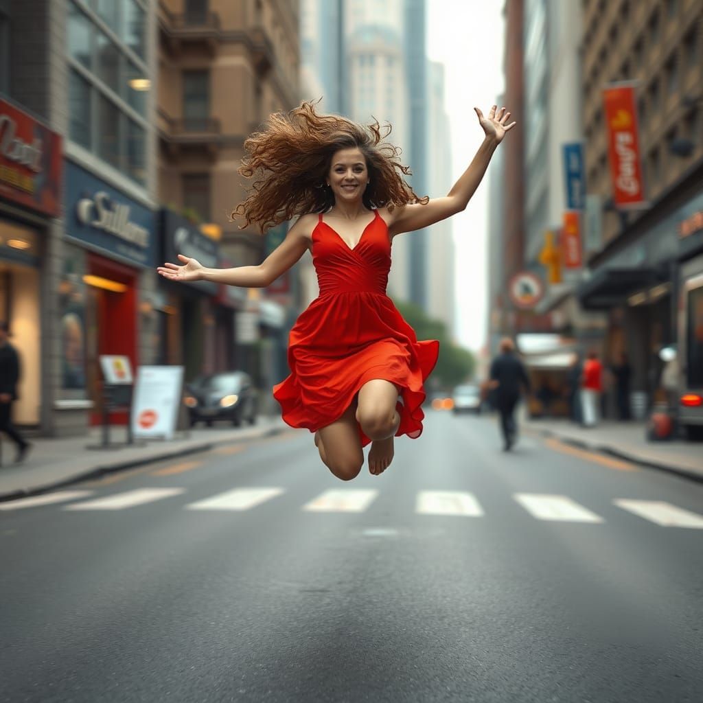 Joyful Woman in Red Dress Jumping in City