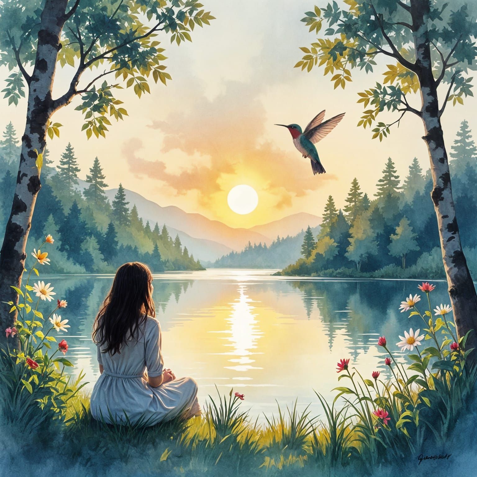 Woman Contemplating Lake at Dawn in Watercolor Style