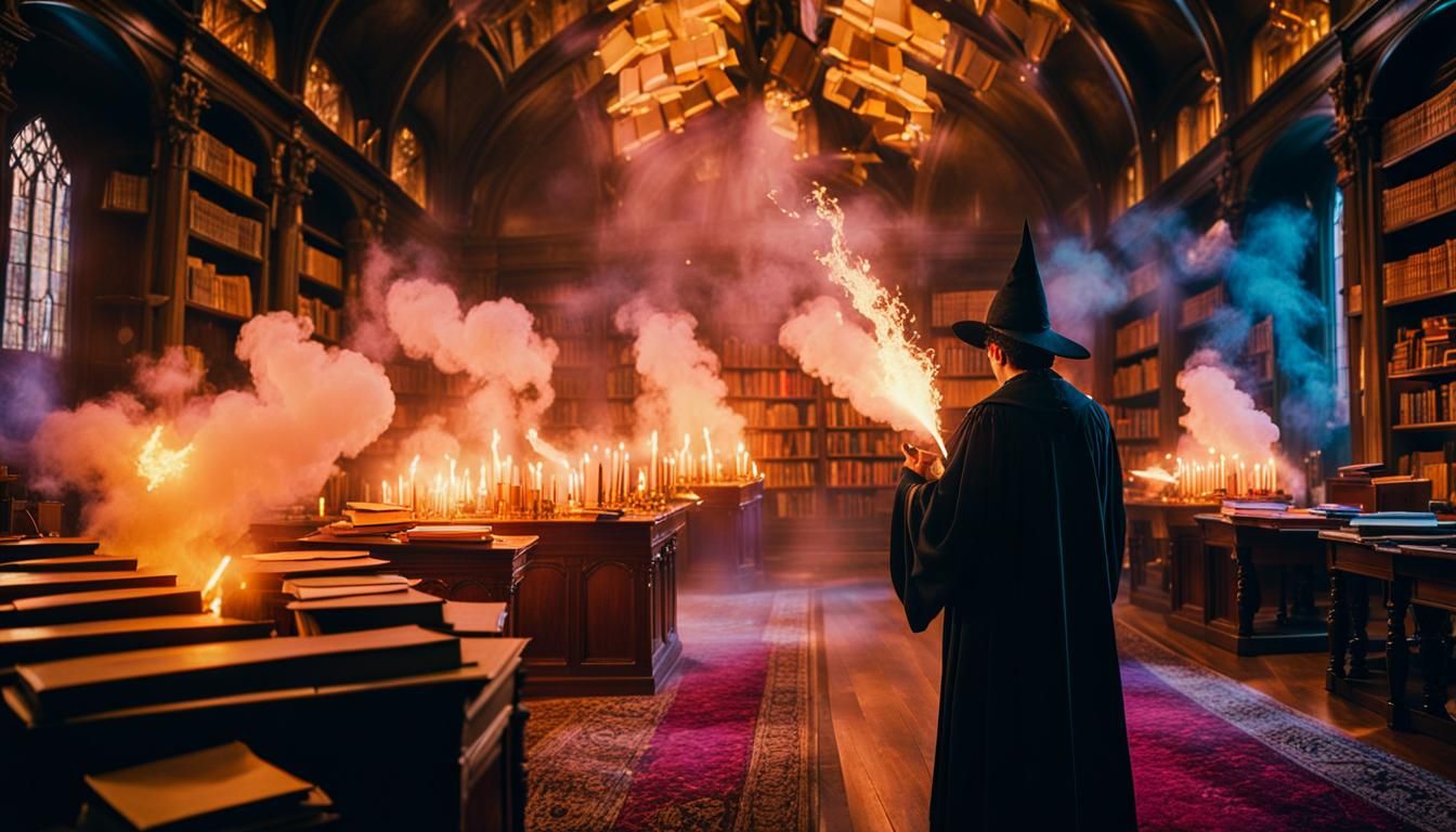 Young Wizard Practicing Spells in Magical Library