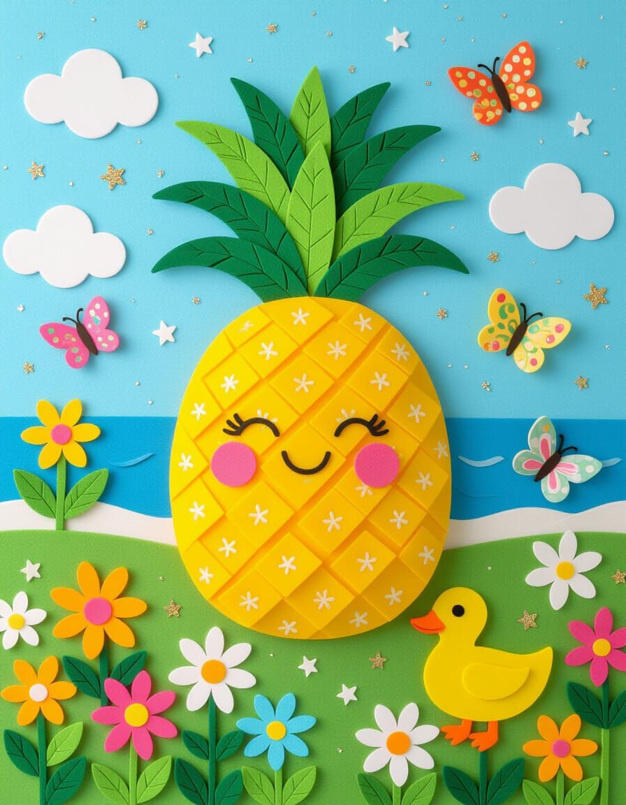 Felt Art Pineapple on Beach with Butterflies and Duck