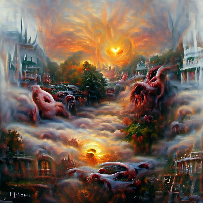 Sunrise in Hell: An Ethereal Oil Painting