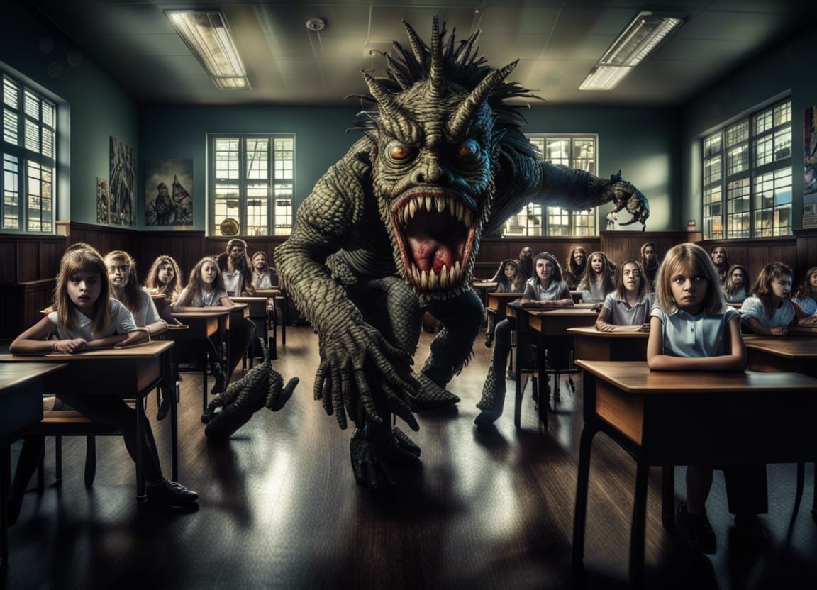 Classroom Scene with Monsters and Students