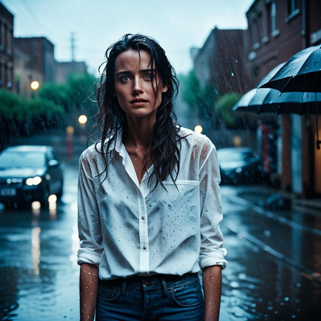 Brunette Woman in Rainy Street: Cinematic Film Still