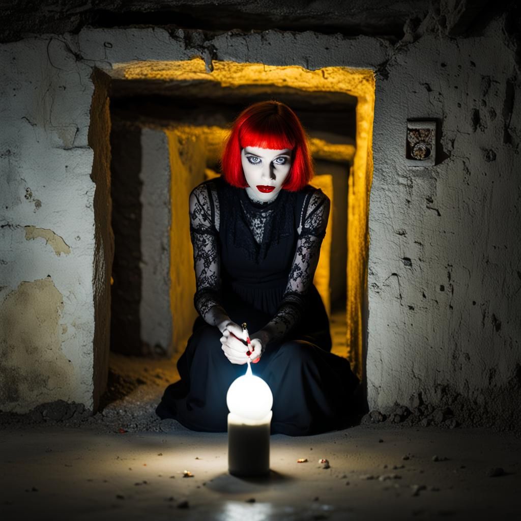 Gothic Woman in Bunker with Candlelight
