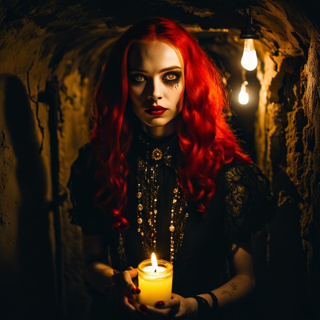 Gothic Woman with Candle in Underground Bunker