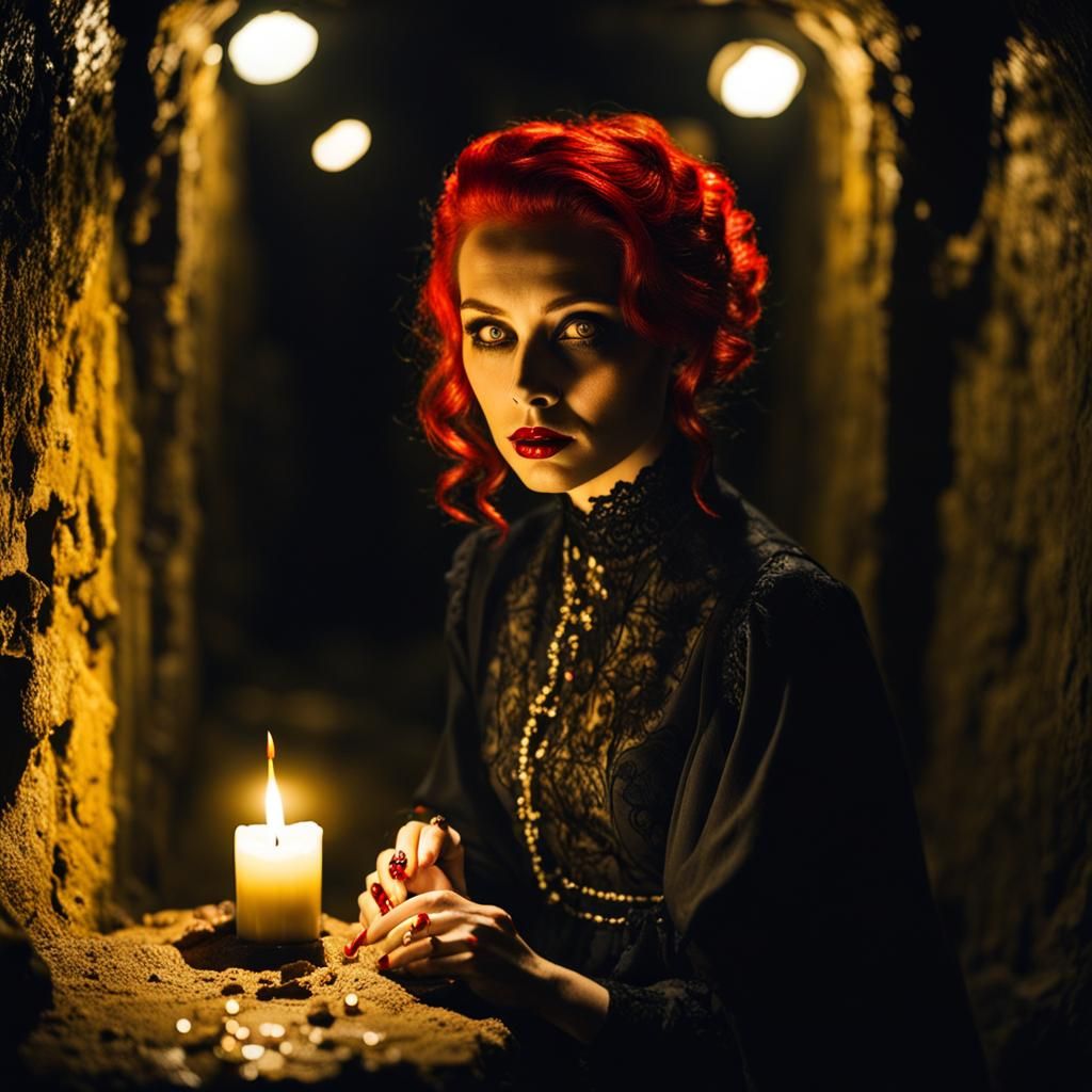 Gothic Woman with Candle in Underground Bunker