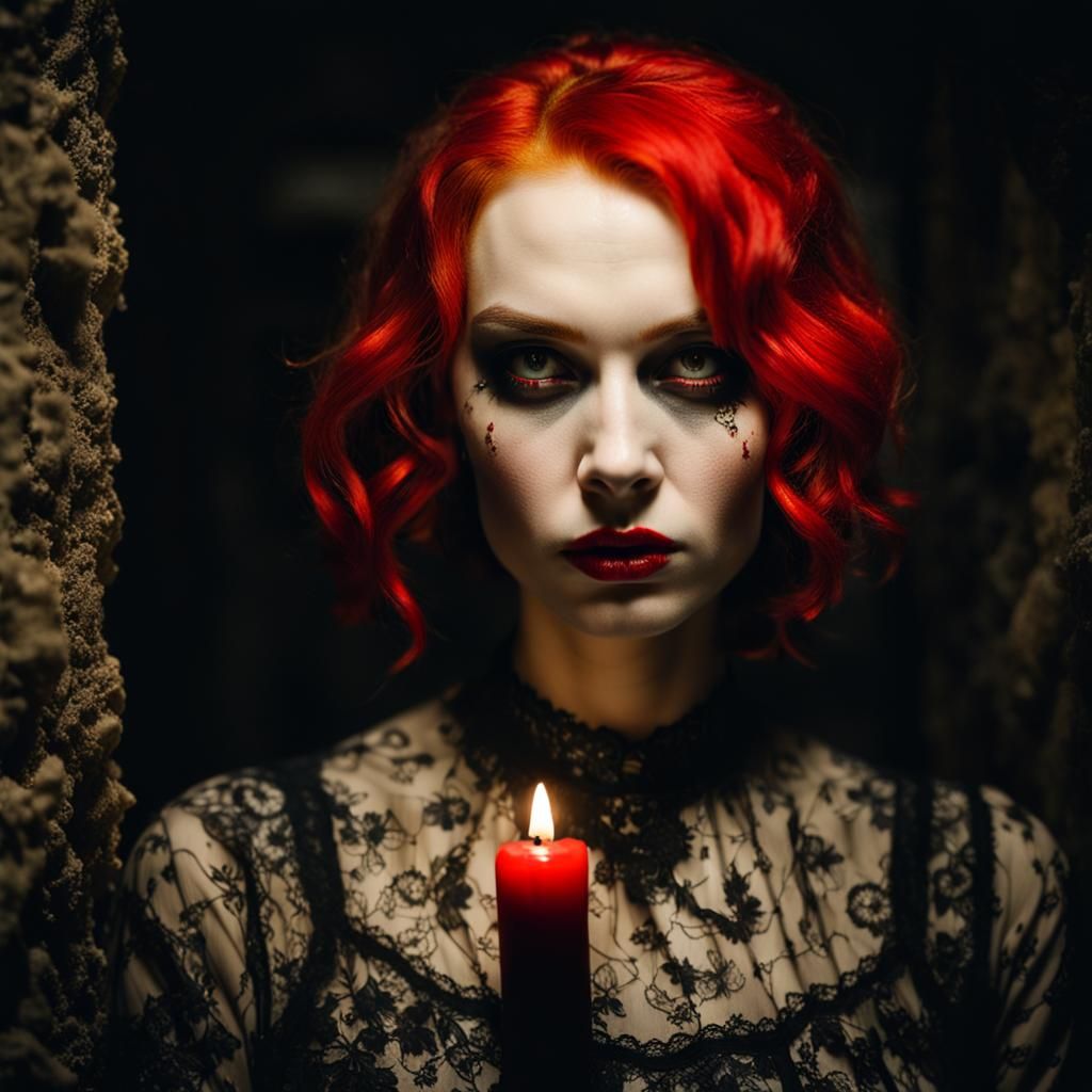 Gothic Woman in Bunker with Candlelight