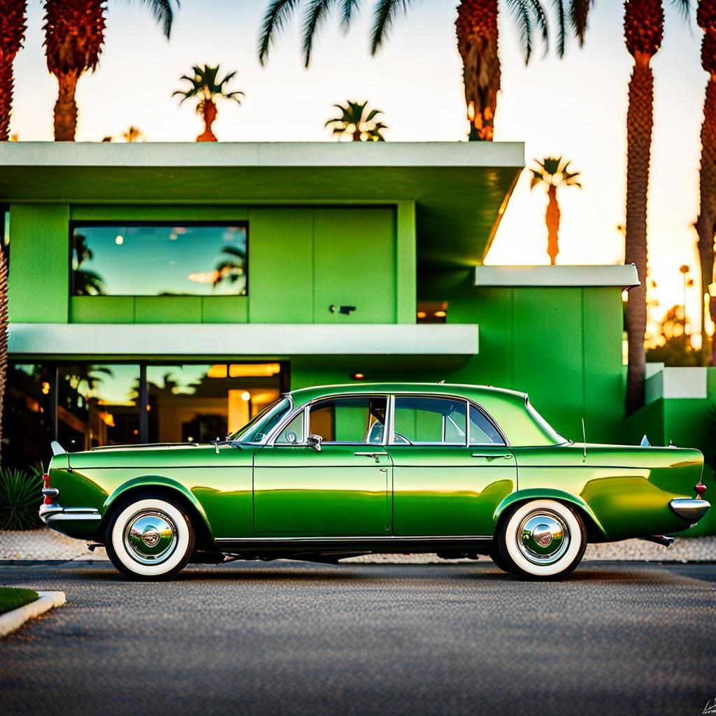 Light Metallic Green 1960s Car in Palm Springs