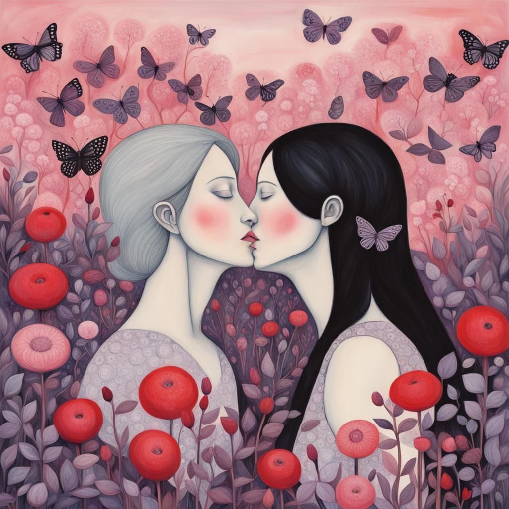 Lovers Kissing in Spring Flower Field