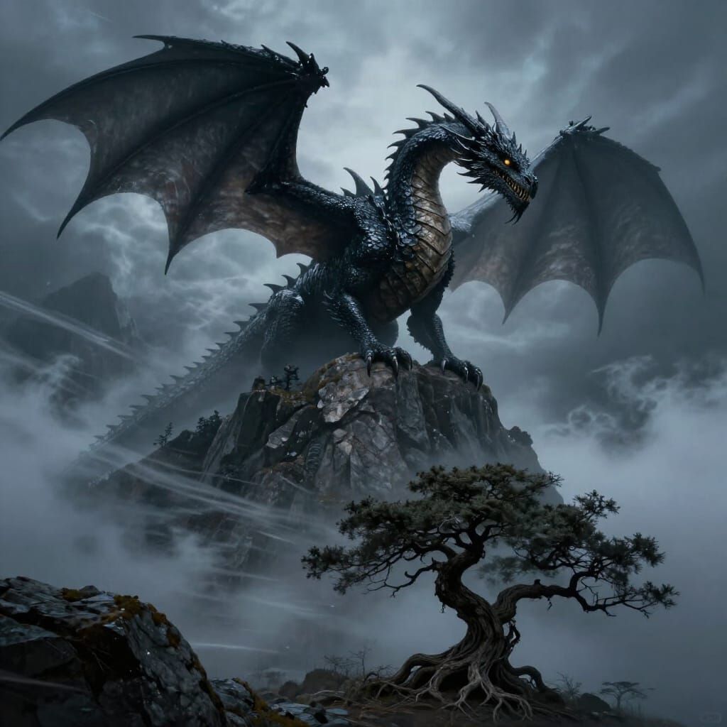 Majestic Obsidian Dragon on Misty Mountain Peak