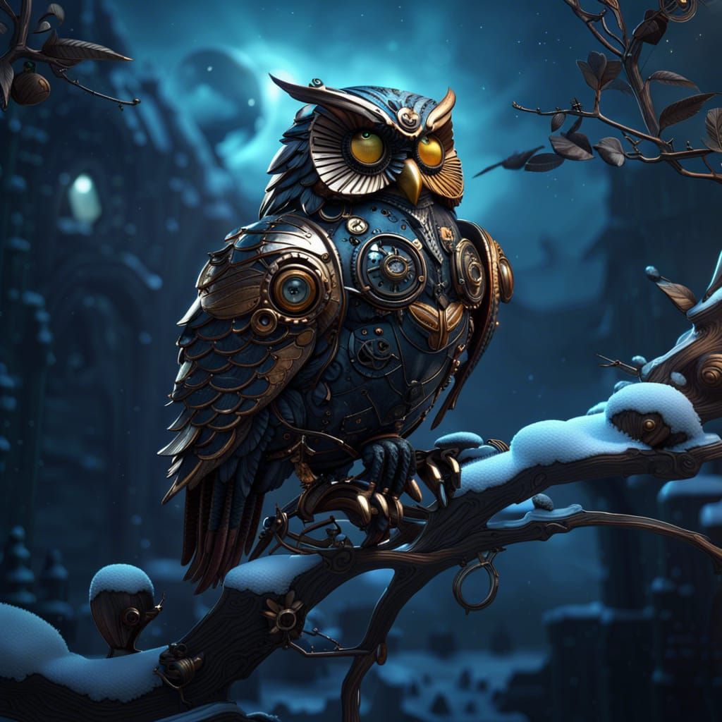 Steampunk Owl in Winter, Dark Fantasy Artwork