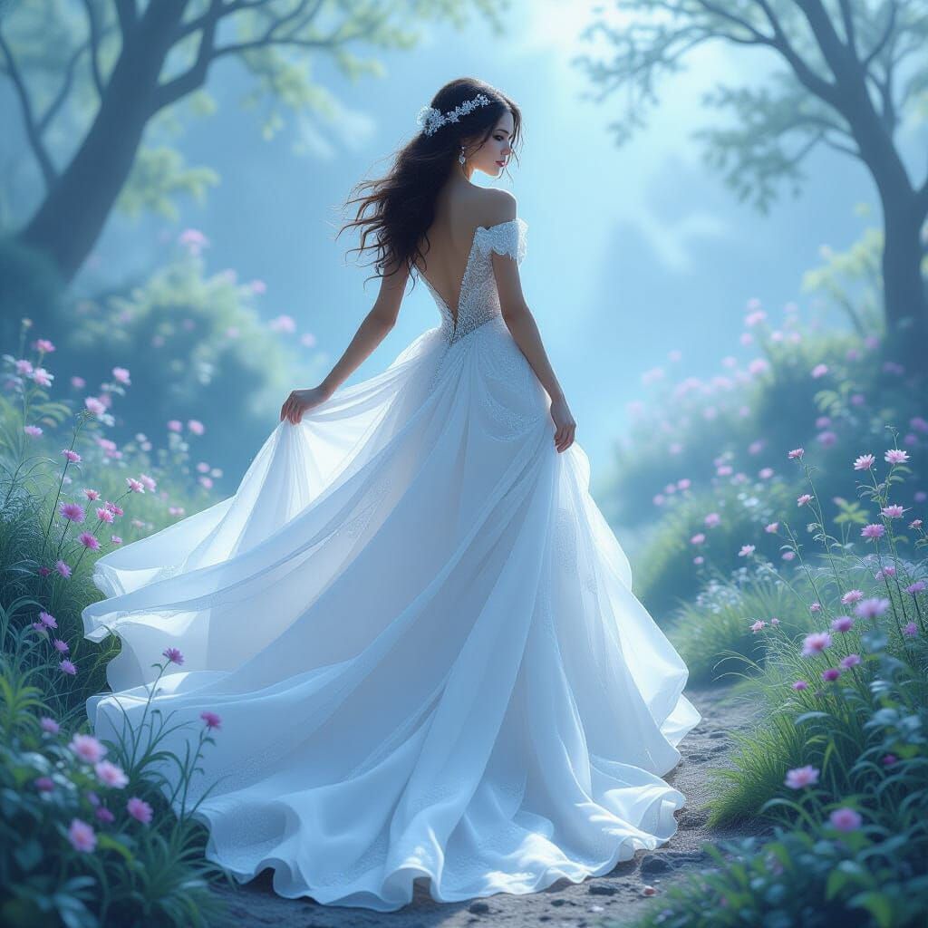 Ethereal Crystal Dress in Misty Fantasy Landscape