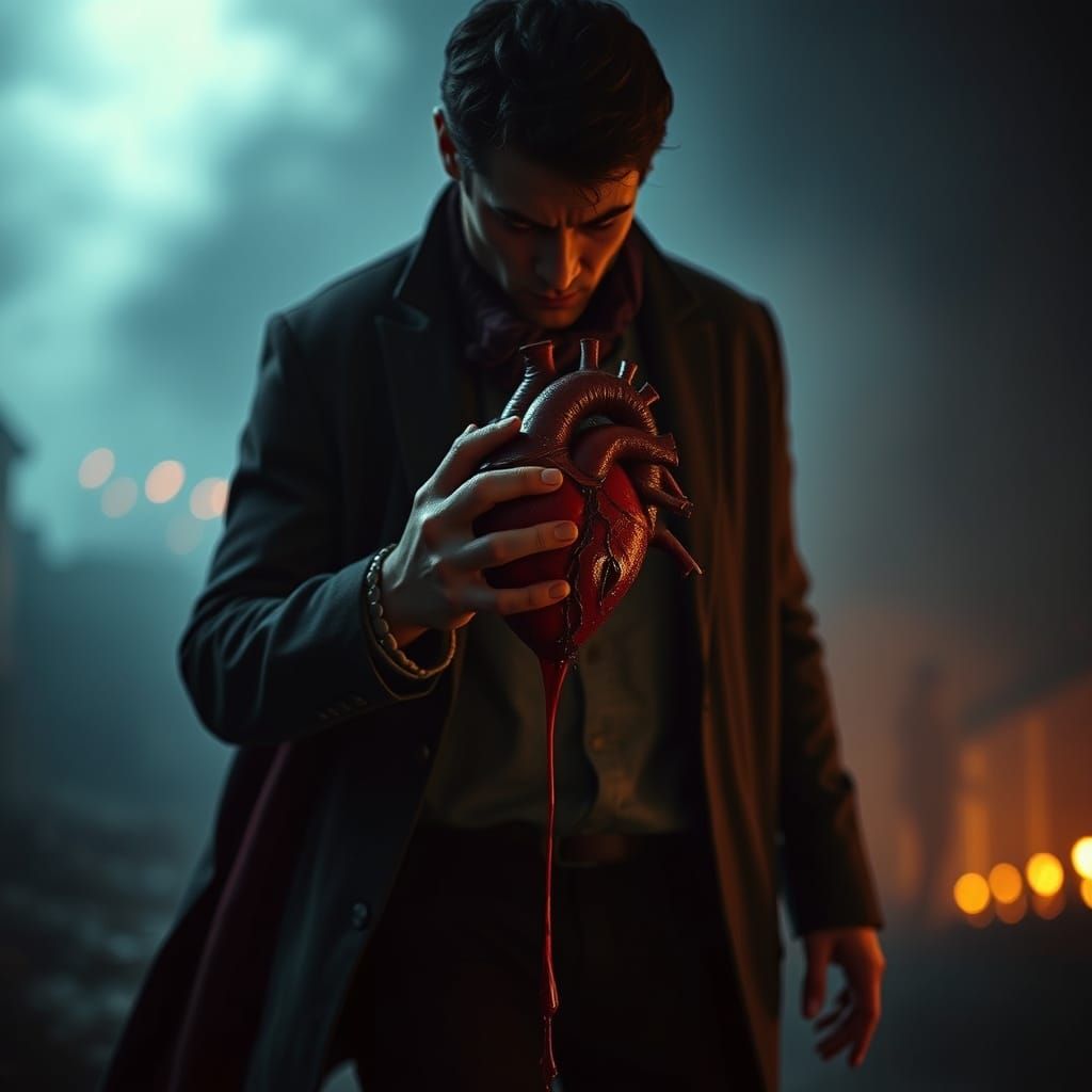 A man is walking while holding his heart in his hands