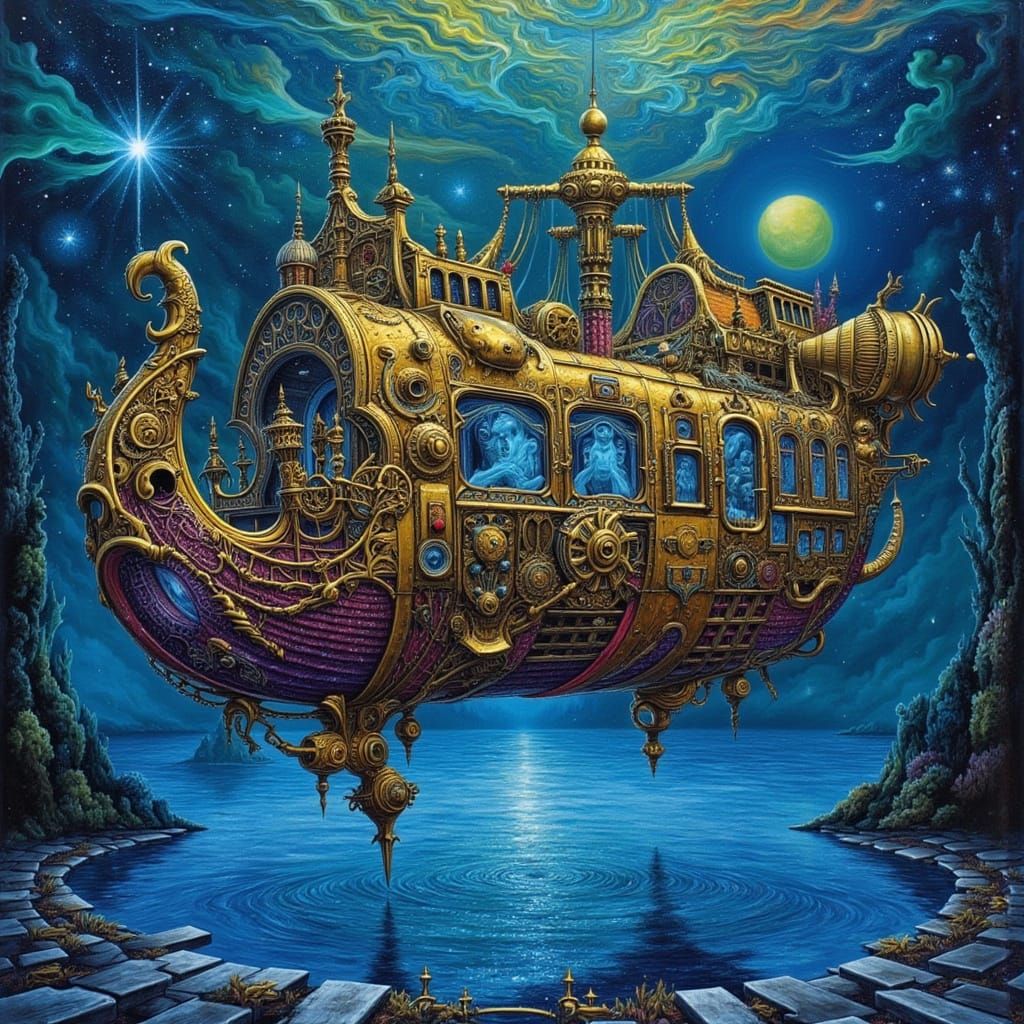 Steampunk Viking Cat Bus Spaceship in Starry Night
