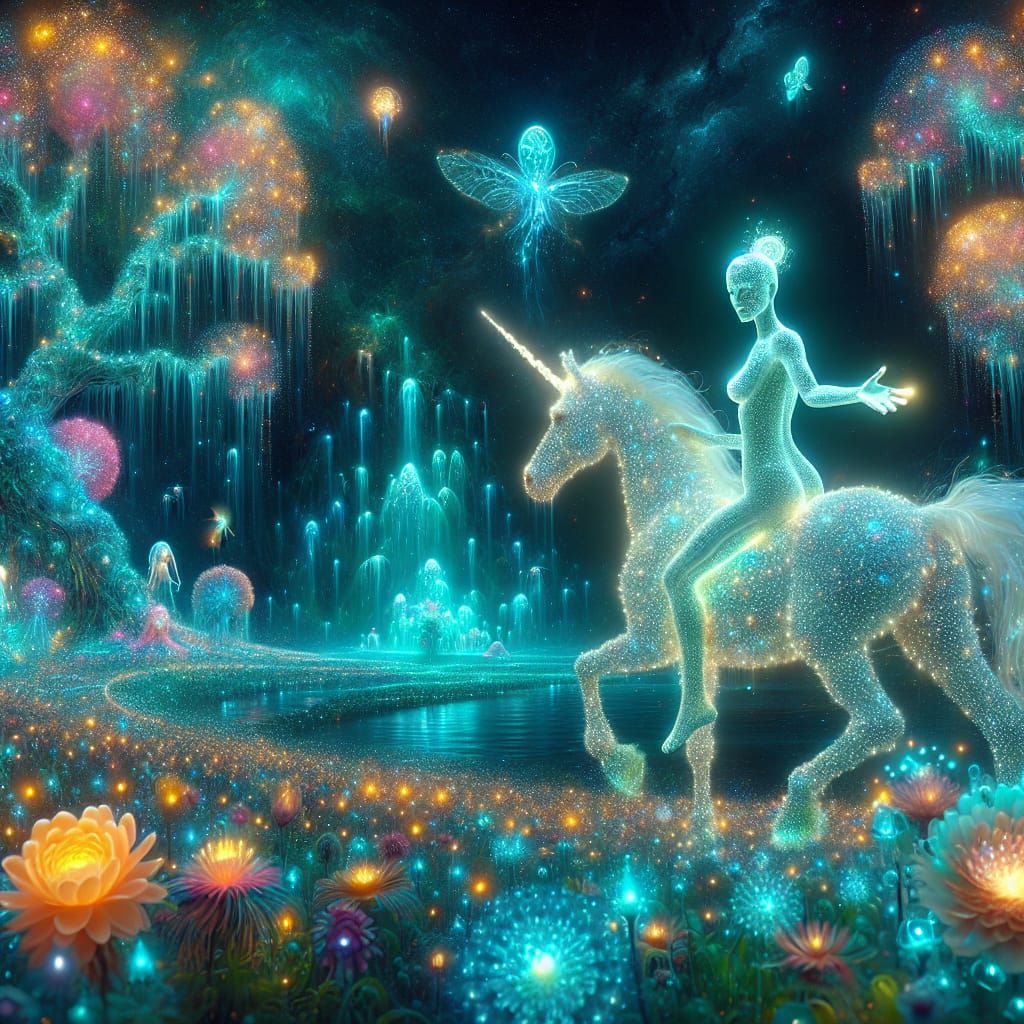 Bioluminescent Extraterrestrial Rides Unicorn in Crystalline...