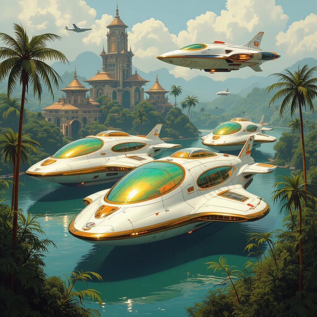 Steampunk Manta Ray Ships in Wakanda, Futuristic Art