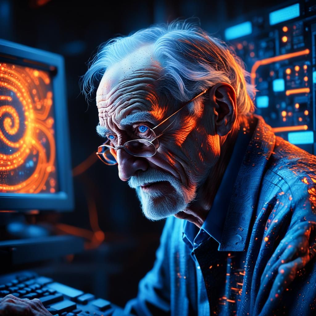 Creepy Old Man Reaching in Cyberpunk Computer Room
