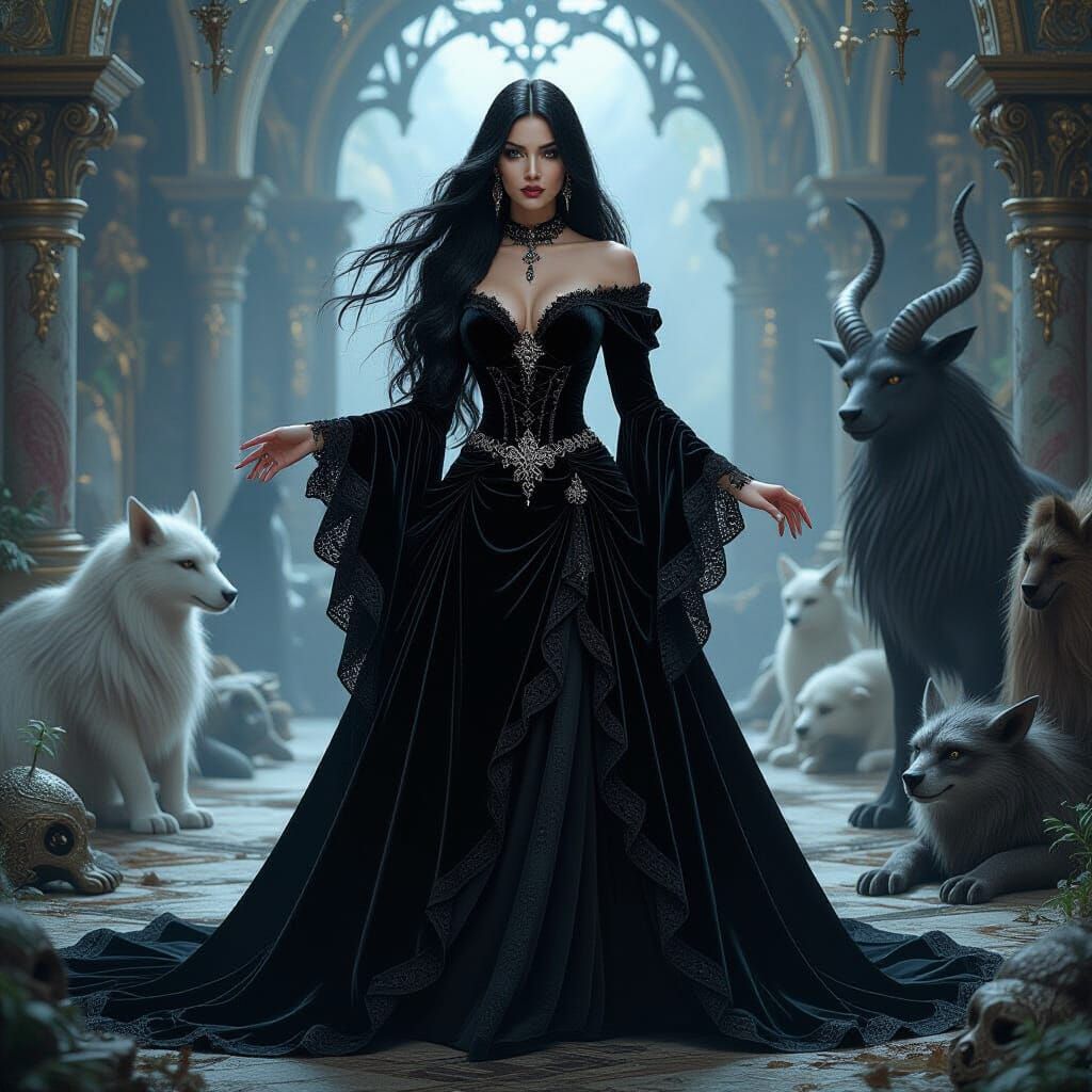 Gothic Woman in Mystical Menagerie, Dark Fantasy Art