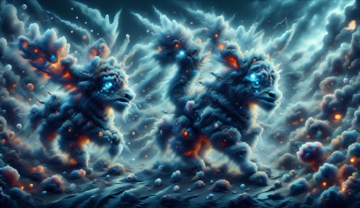 Surreal Cloud Animals Amidst Vibrant Flowers in Soft Light