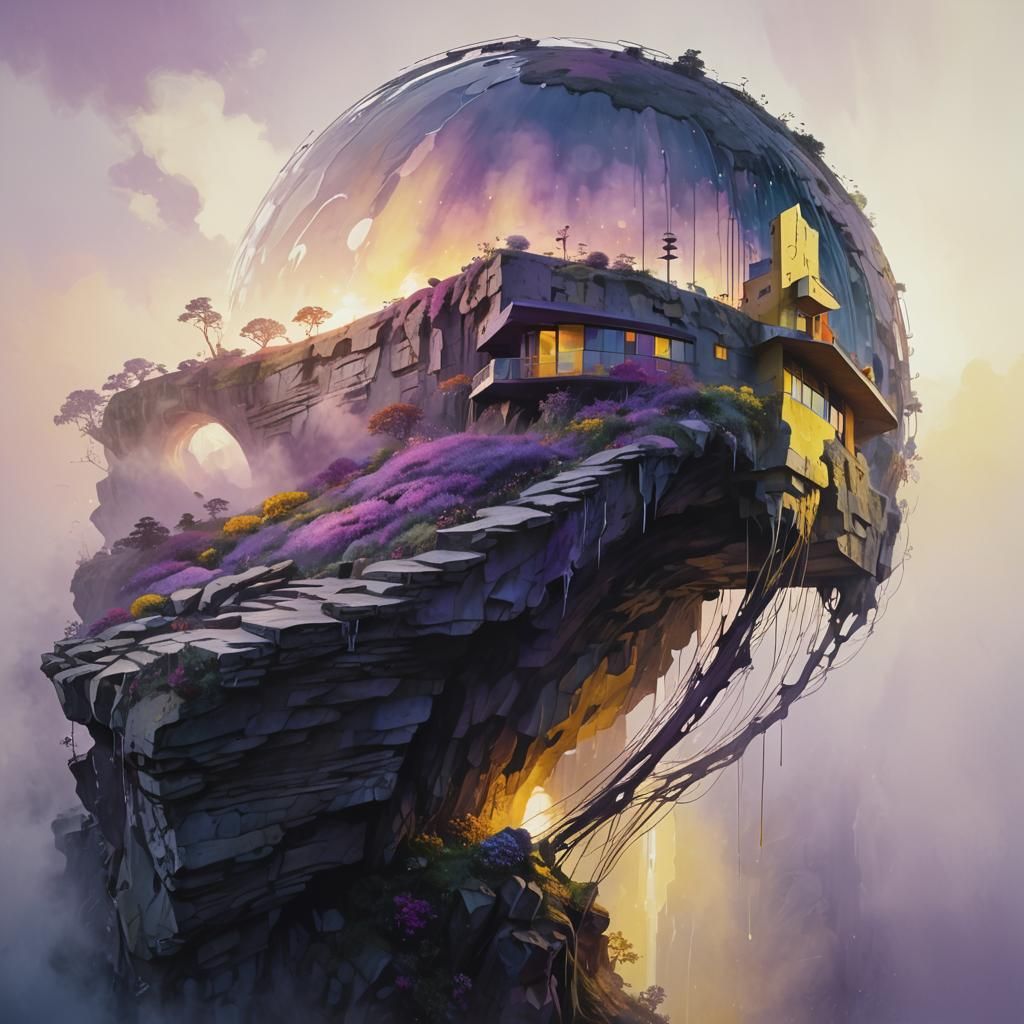 Psychedelic Cliffside House with Waterfall in Detailed Style