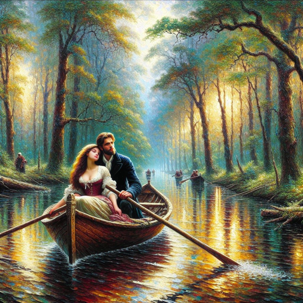 Romantic Forest River Scene in Expressionistic Oil Painting