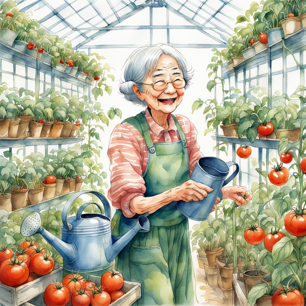 Laughing Lady's Tomato Greenhouse in Anime Style