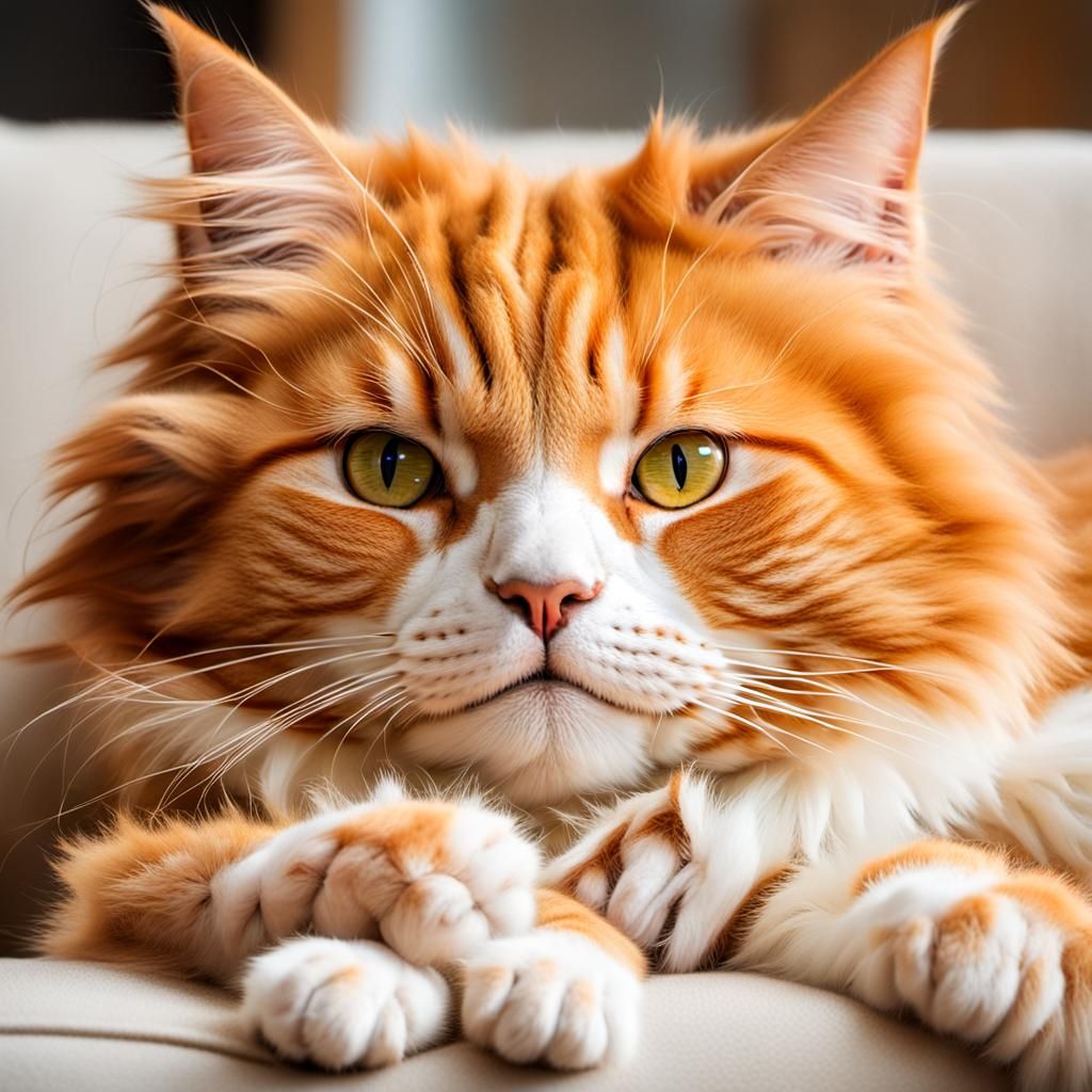 Fluffy Ginger Cat Lounging on Sofa