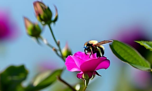 Bumble Bee on Pink Rose in Vibrant Colors