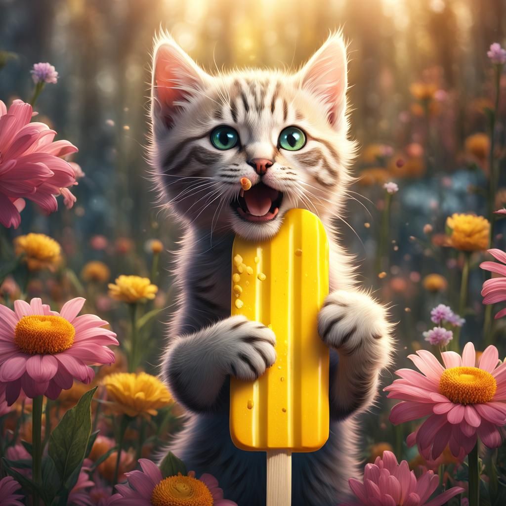 Kitten Enjoys Popsicle in a Colorful Flower Garden