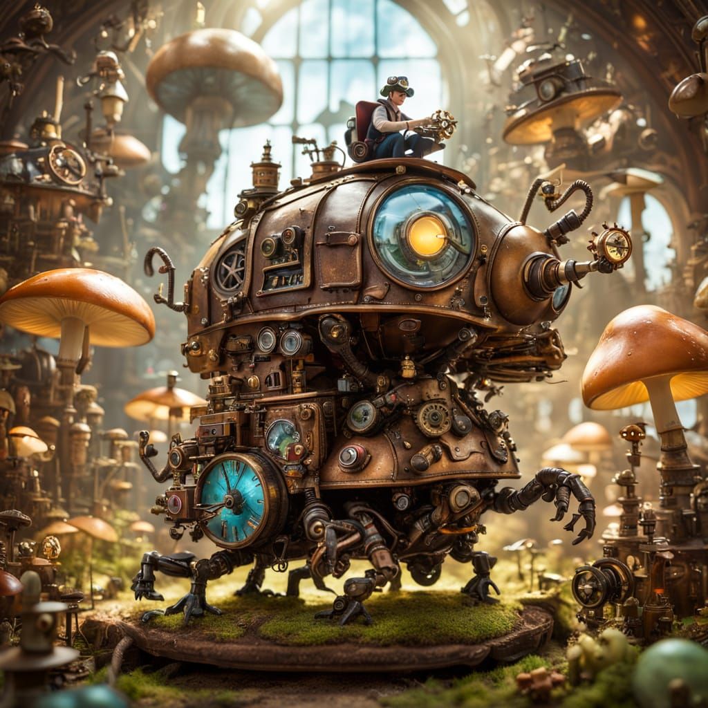 Steampunk Inventor on Clockwork Beetle in Macro Photograph