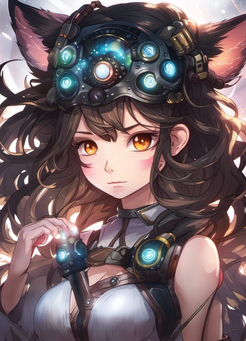 Beautiful Cat Girl with Sci-Fi Helmet in Anime Art