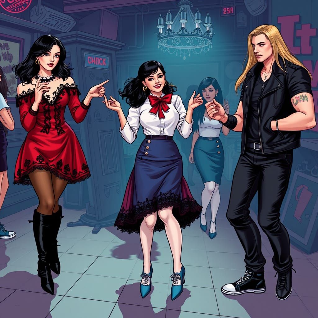 Goth Club Dance Scene in Comic Book Art Style