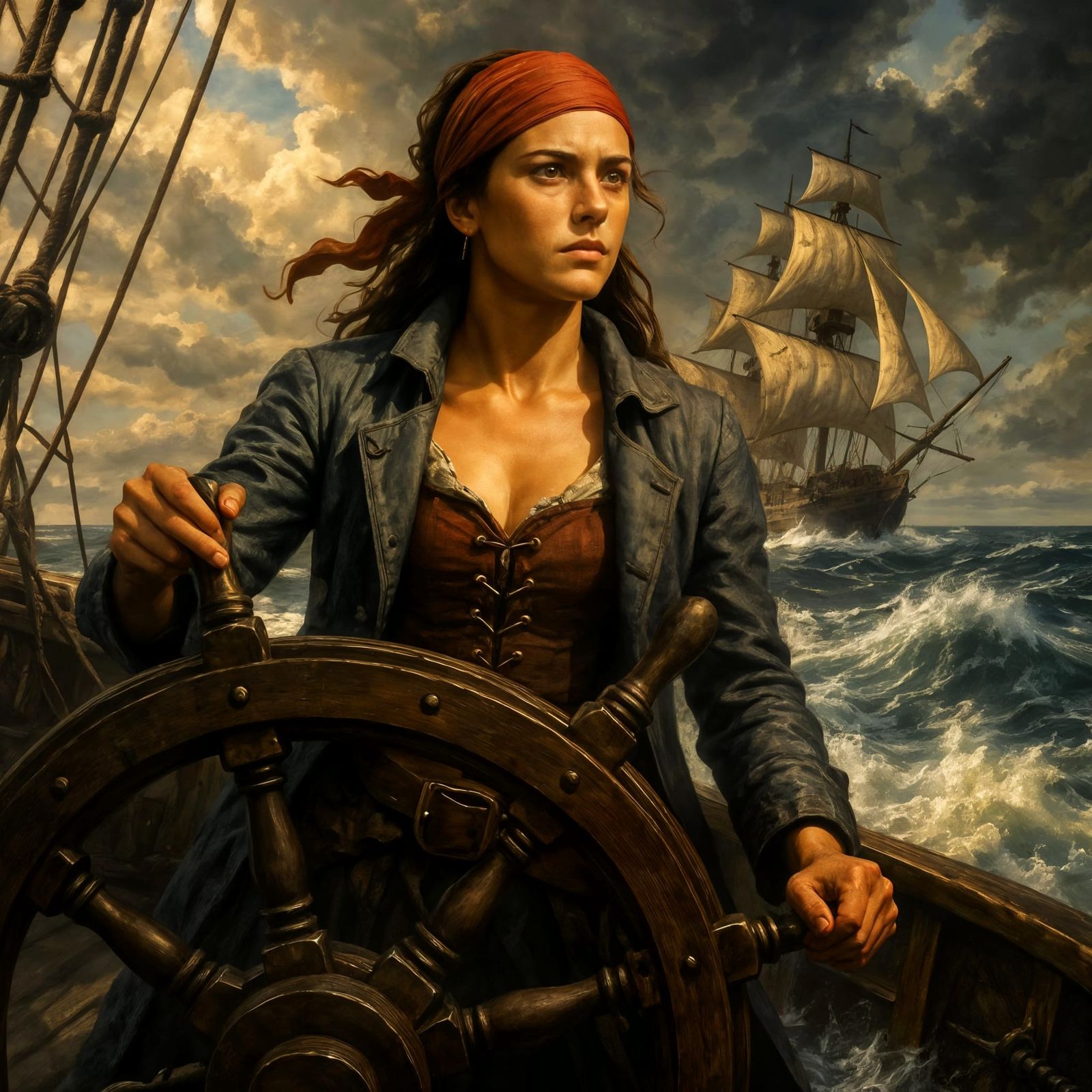 Female Pirate Captain Navigating Stormy Seas