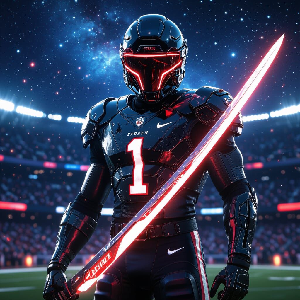 Futuristic Football Player in Galactic Stadium