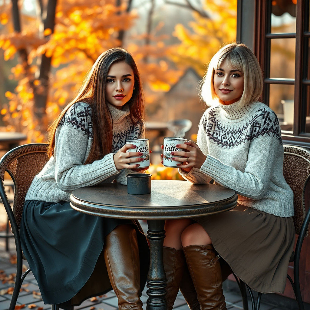 Cafe Friends in Fair Isle Sweaters: 8k Digital Art