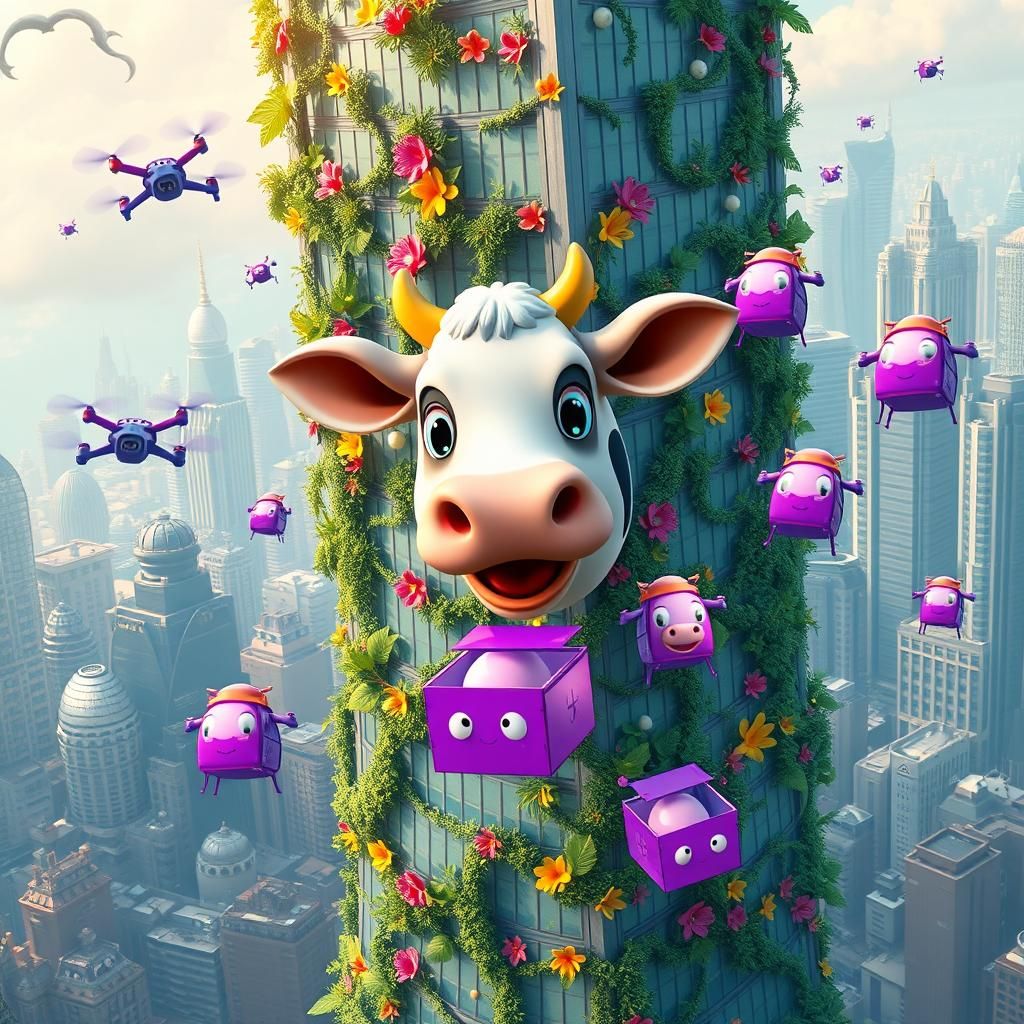 Whimsical Cow Skyscraper with Animated Eggs