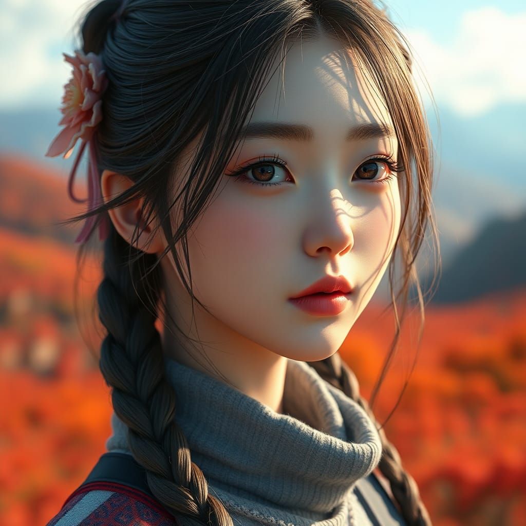 Korean Girl Portrait in Autumn Valley: 3D Anime Art