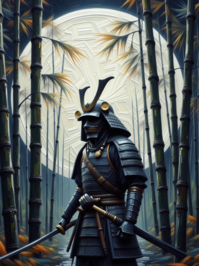 Impasto Samurai Warrior in Serene Bamboo Forest under a Cele...
