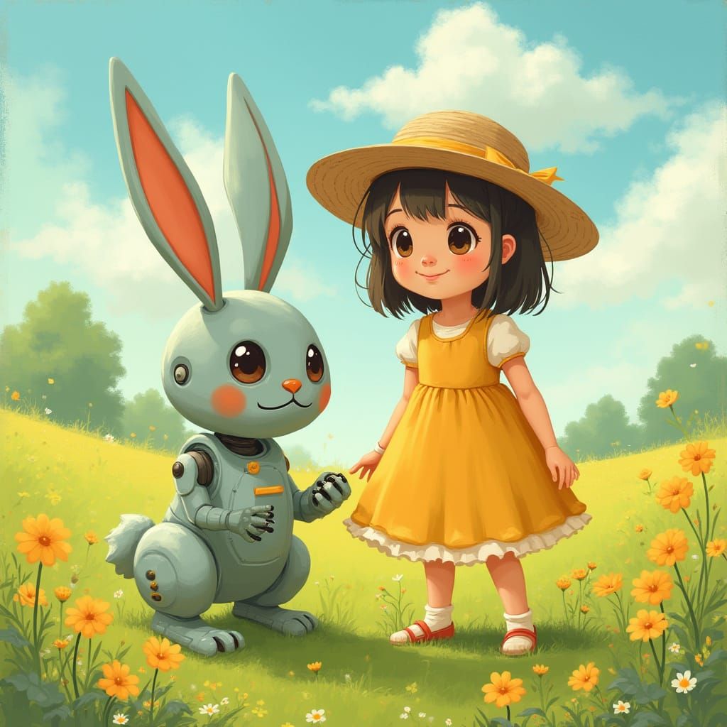 Whimsical Robot Companion in a Lush Meadow