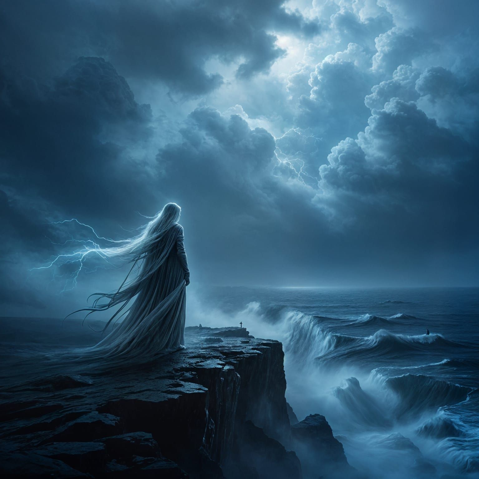 Spectral Figure on Cliff Overlooking Stormy Sea