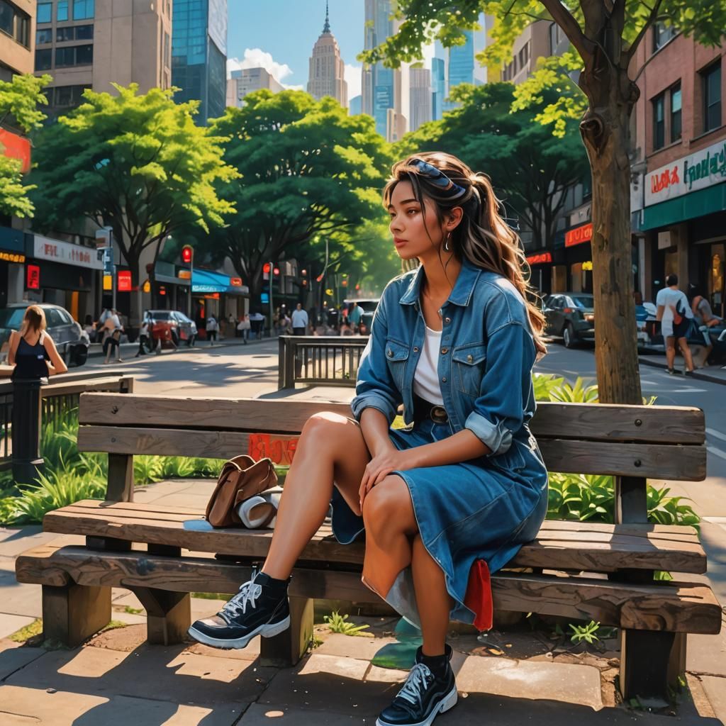 Girl in Cityscape, Anime-Inspired Digital Art