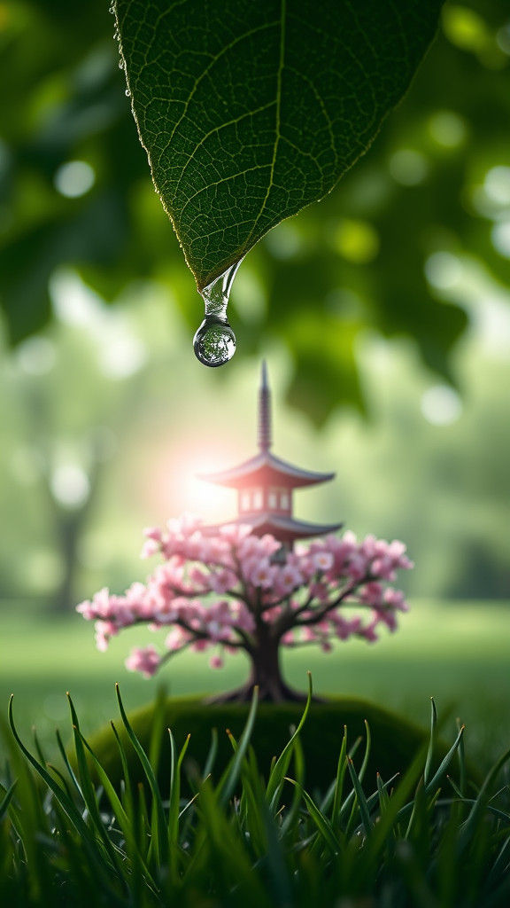Macro Raindrop Reflecting Pagoda and Cherry Tree