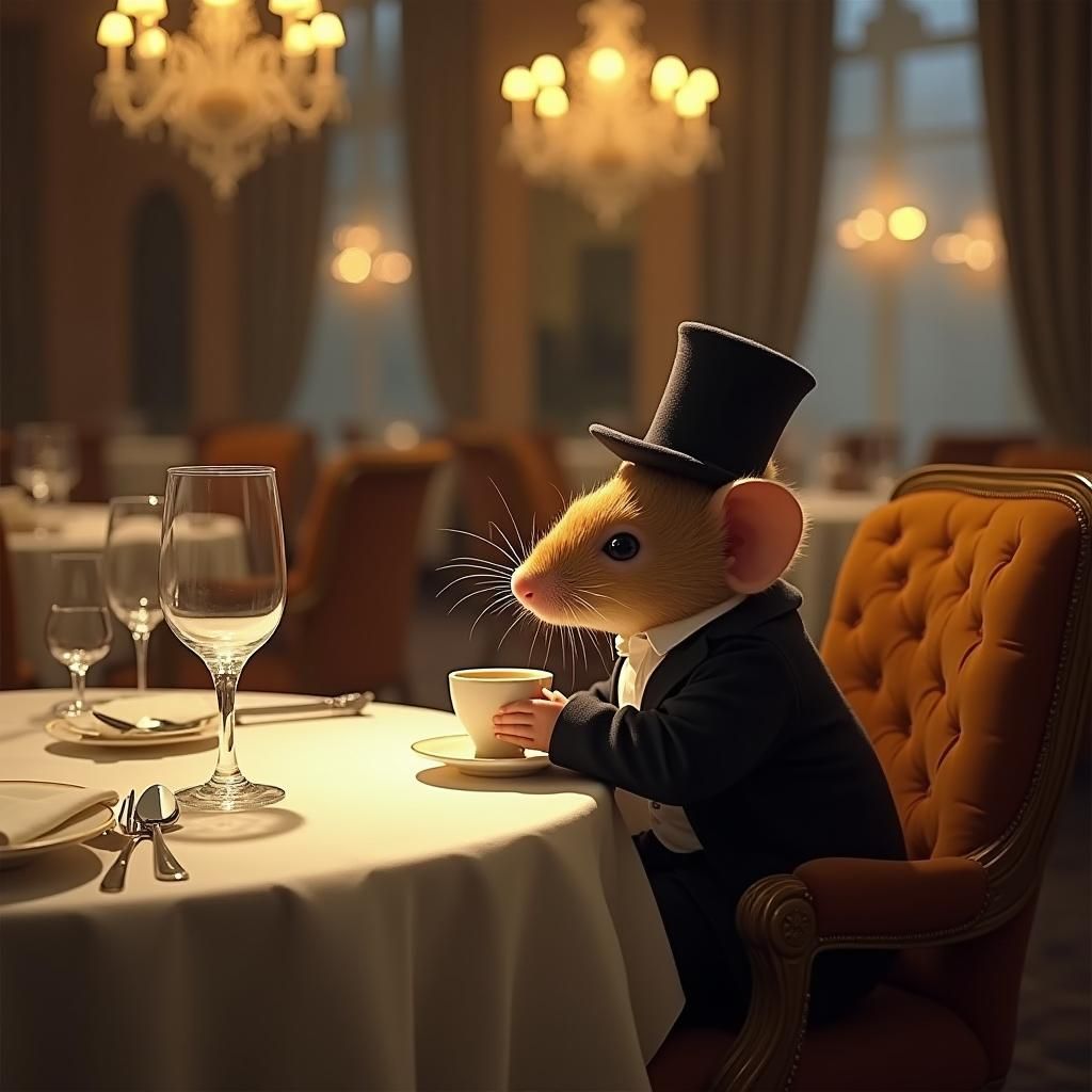 Mouse Sipping Coffee in Luxurious Restaurant