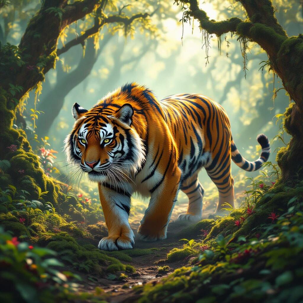 A majestic tiger, its fur rendered in vibrant, swirling psychedelic patterns, prowls through an ancient, moss-covered fo...