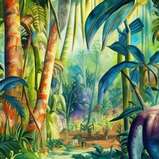 Prehistoric Jungle in Gouache Watercolor Style