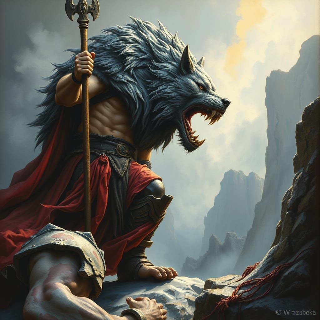 Norse God Týr Confronts Fenrir in a Haunting Neo-Expressioni...