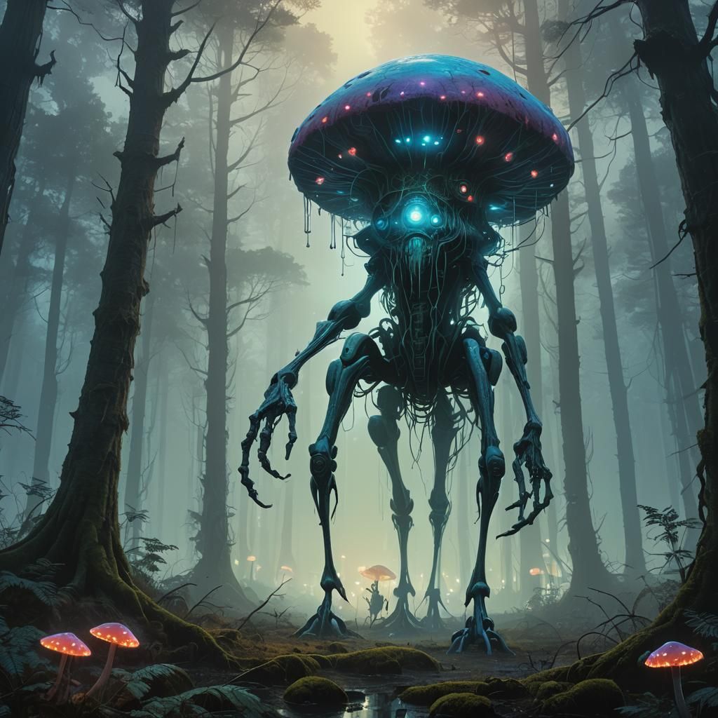 Alien Creature in Misty Forest, Digital Concept Art