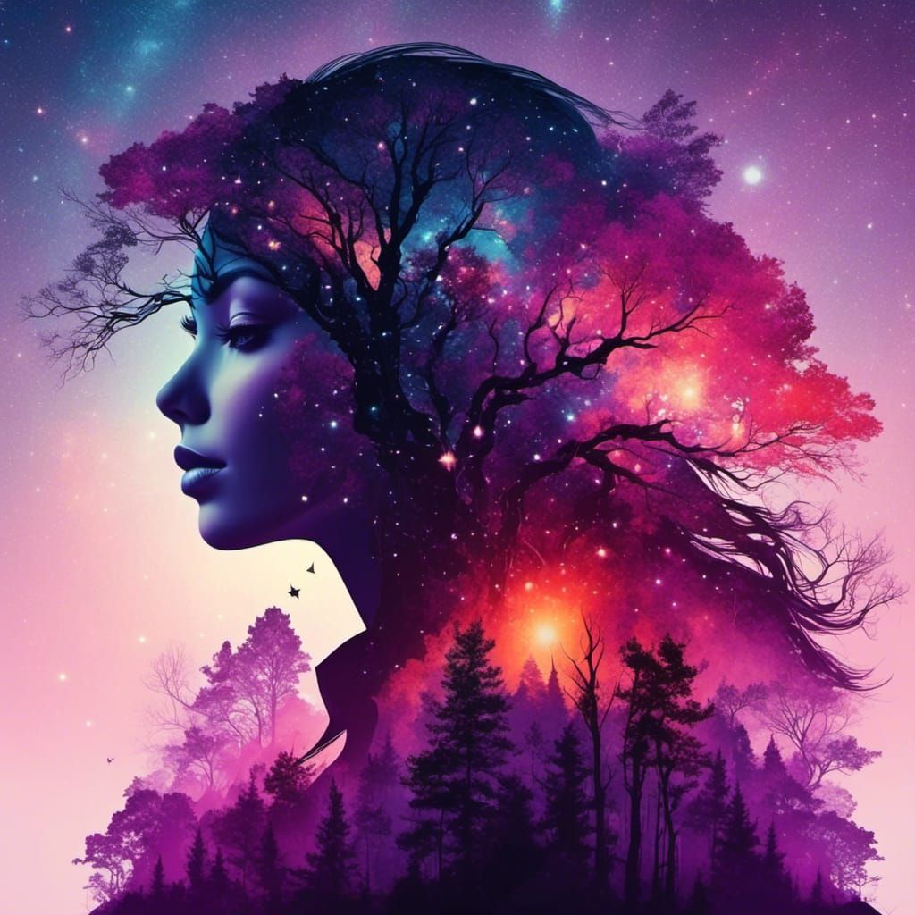 Ethereal Witch Silhouette in Starry Woods
